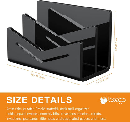Beego Envelope and Mail Organizer Countertop - 3 Compartments Black Acrylic Desk Organizer Letter Holder Desktop File Sorter Bill Document Folder Rack for Office, Home, School Desk Organization