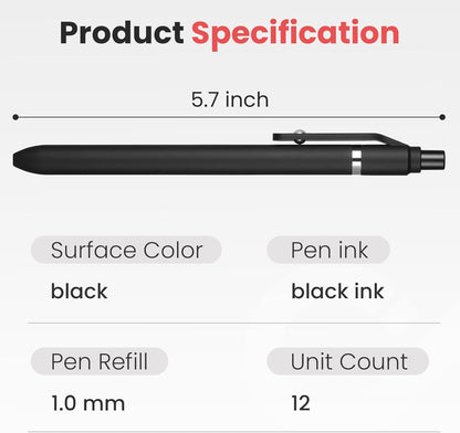Sooez Ballpoint Pens Retractable, 12 Pack Black Pens ballpoint with Comfort Grip, Smooth Writing Fidge Pen for Journaling, Cute Office and School Supplies Bulk Pens, 1.0mm Medium Point Black ink