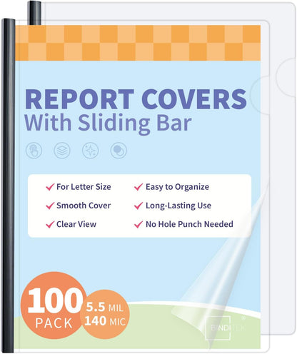 Binditek 12 Pack Clear Report Covers with Black Sliding Bars, 70 Sheet Capacity, 9mm Binding Bars, Letter Size, 5.5 Mil Thick, Black, for Students and Coworkers