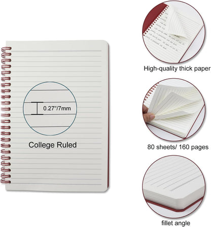5 Pack Spiral Notebooks 8.3" x 5.7", 80 Sheets College Ruled Notebook with Plastic Waterproof Cover, A5 Lined Journal for Office, School,Home