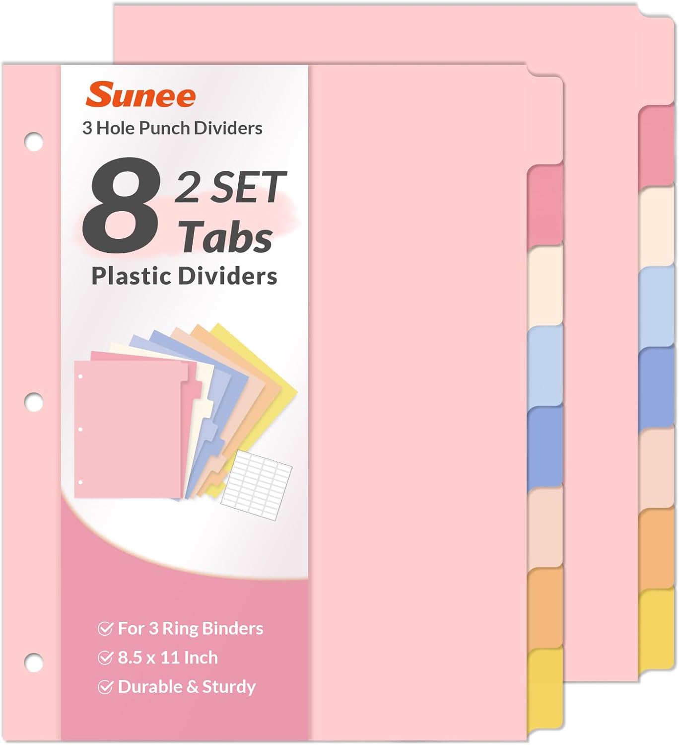 SUNEE 8 Tab Binder Dividers,Plastic Dividers for 3 Ring Binder,3 Ring Binder Dividers with Tabs for School Office Home Supplies,Pastel Color, 1 Set