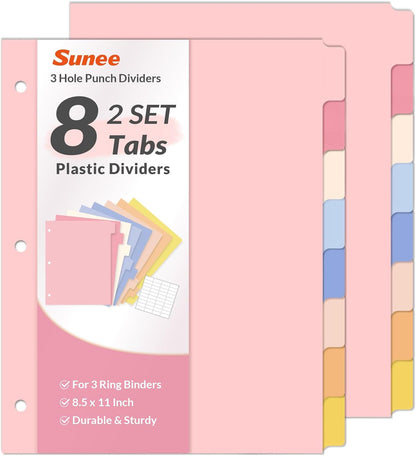 SUNEE 8 Tab Binder Dividers,Plastic Dividers for 3 Ring Binder,3 Ring Binder Dividers with Tabs for School Office Home Supplies,Pastel Color, 1 Set