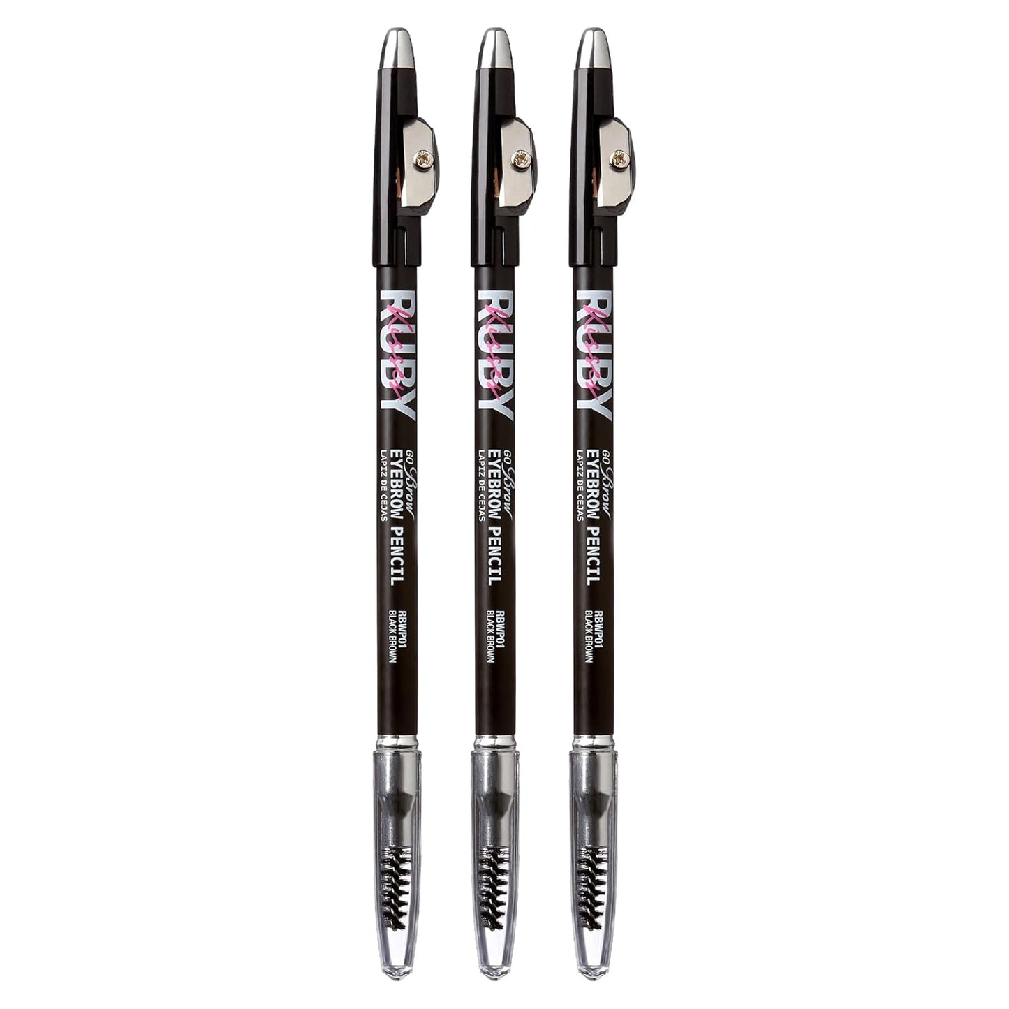 Ruby Kisses GoBrow Eyebrow Pencil, Sharpenable, Longwear, Long Lasting Eyebrow Wooden Pencil for Natural-Looking Brows 3 Pack (Black Brown)