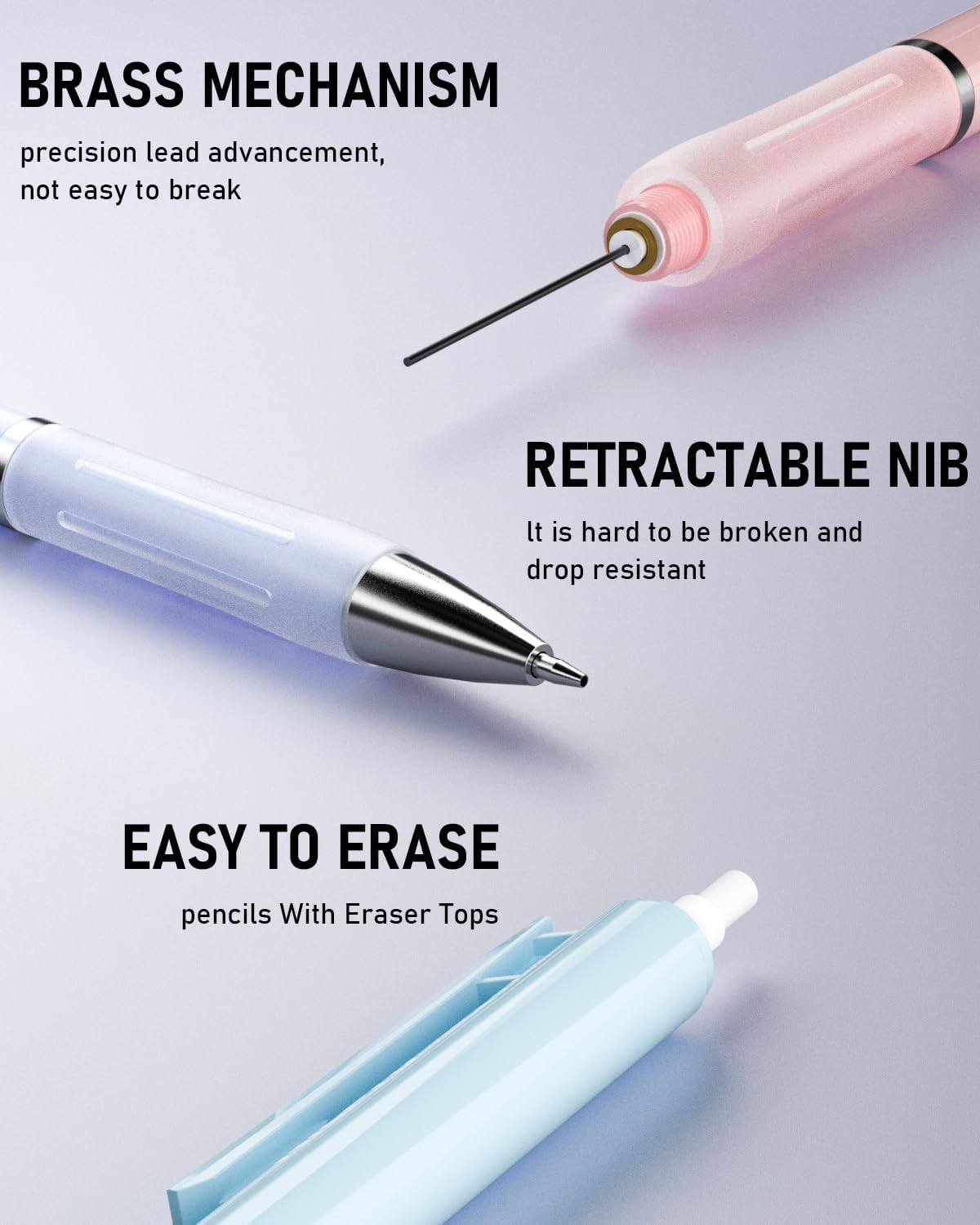 Nicpro 3PCS Cute Mechanical Pencil Set with Case, 0.7 mm Pencils with 6 Tube HB Lead Refill, 3PCS Eraser, 9PCS Eraser Refill for School Supplies Student Writing, Drafting Drawing Sketching