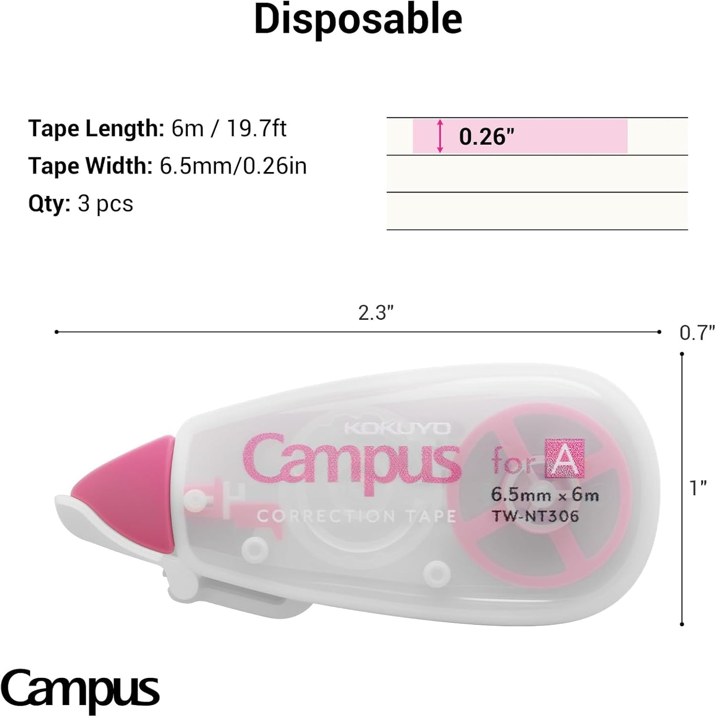 KOKUYO TW-NT305X3 Correction Tape for Campus Notes, For B Rule, 19.8 ft (6 m), Blue, Pack of 3