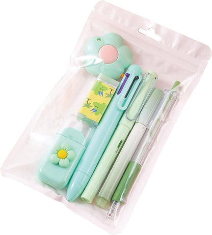 7 Pcs Cute Blue Stationery Set Kawaii School Supplies Office Supplies Including Ballpoint Pens Pencil Sharpener Highlighter Correction Tape Ruler Utility Knife (Blue)