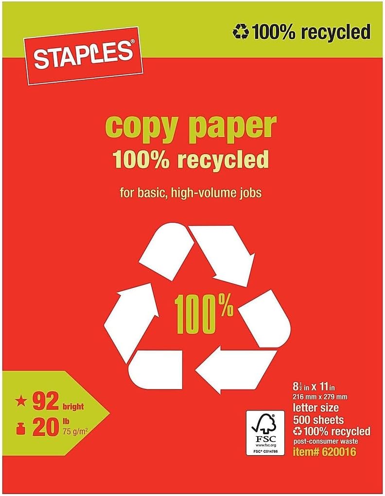 Staples 100% Recycled 8.5-Inch x 11-Inch Copy Paper 20 lbs 92B 500/Ream 10 Ream/Count, For Office, School & Home