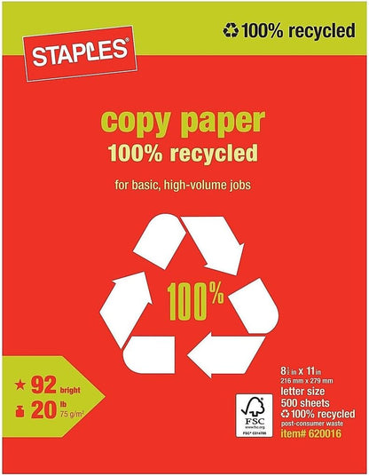 Staples 100% Recycled 8.5-Inch x 11-Inch Copy Paper 20 lbs 92B 500/Ream 10 Ream/Count, For Office, School & Home