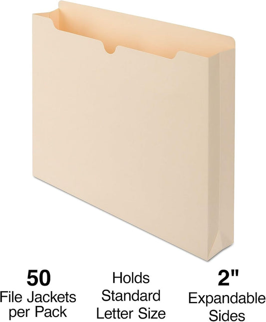 Staples File Jackets, Letter Size, 2‑Inch Expansion, Durable Manila Jackets for Secure Document Storage – 100/Carton