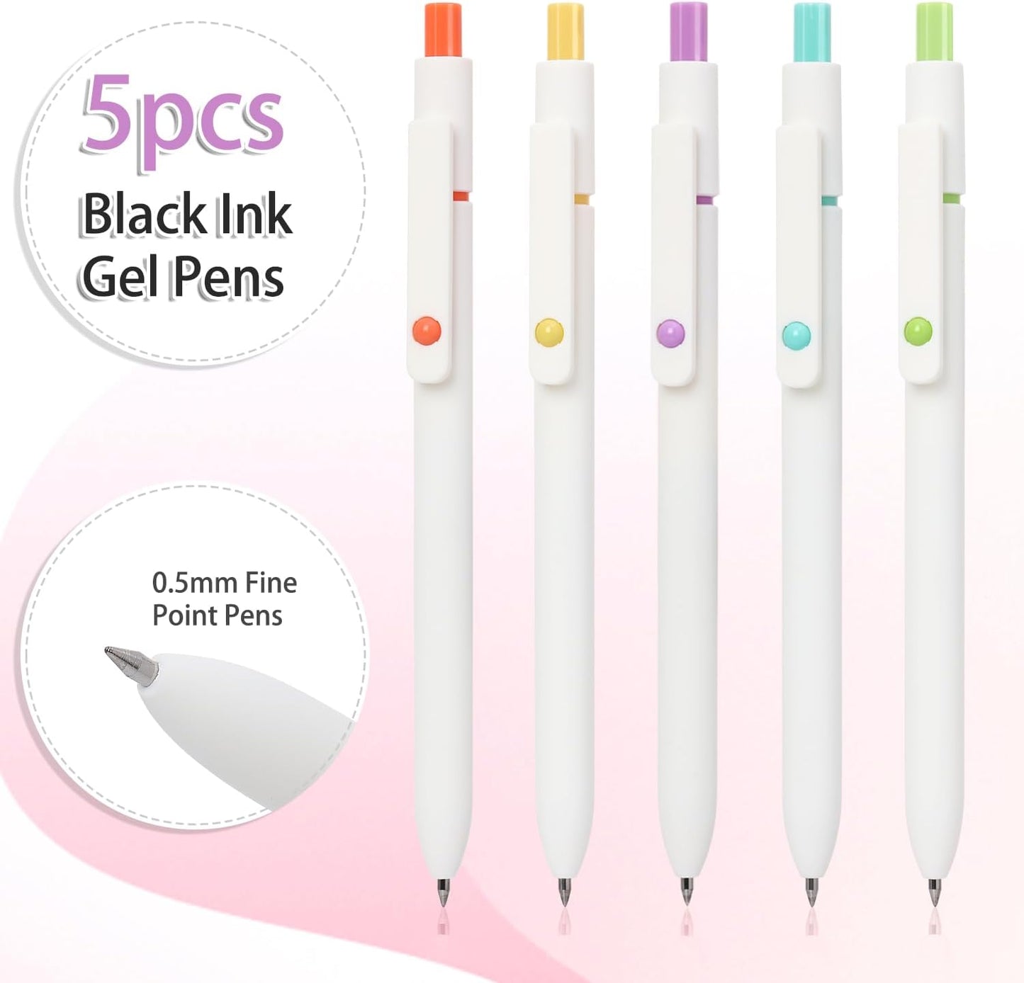 FIOVER 5pcs Gel Pens Quick Dry Ink Pens Fine Point Premium Retractable Rolling Ball Gel Pens Black Ink Smooth Writing for School Office Home