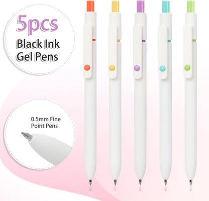 FIOVER 5pcs Gel Pens Quick Dry Ink Pens Fine Point Premium Retractable Rolling Ball Gel Pens Black Ink Smooth Writing for School Office Home