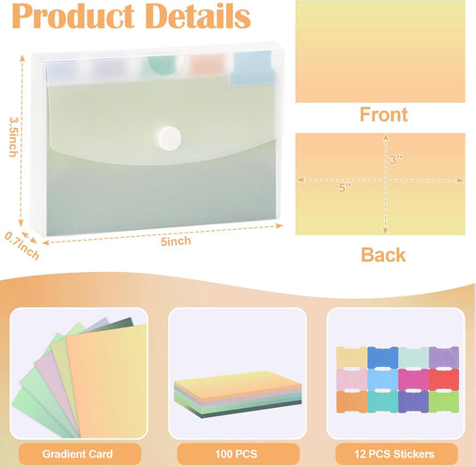 100pcs Gradient Blank 3x5 inch Index Cards with Sticker Labels in Clear Plastic Index Card Holder