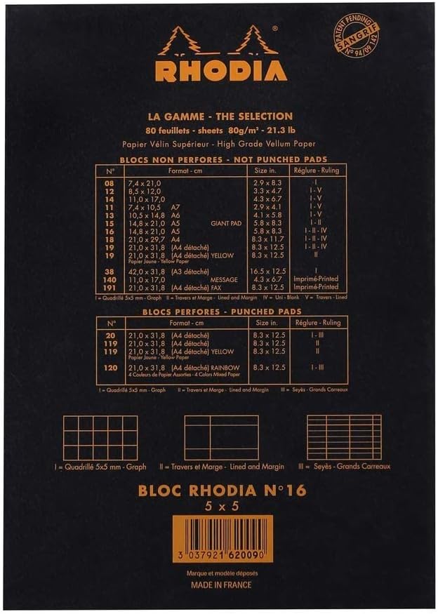 Rhodia Classic French Paper Pads Graph 6 in. x 8 1/4 in. Black (162009C)