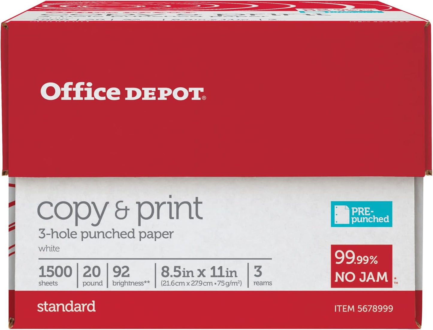 Office Depot® 3-Hole Punched Multi-Use Printer & Copy Paper, 3 Reams, White, Letter (8.5" x 11"), 1500 Sheets Per Case, 20 Lb, 92 Brightness