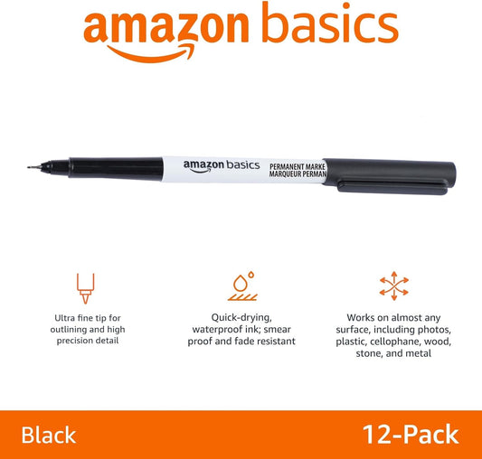 Amazon Basics Ultra Fine Point Permanent Markers for Drawing, Writing and Doodling, Quick Drying, Fade Resistant, Black, 24-Pack
