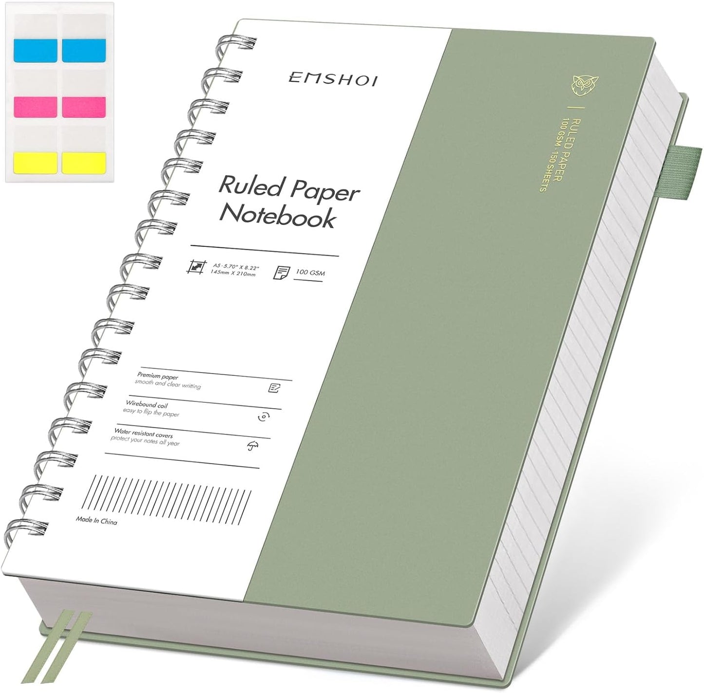 EMSHOI A5 Spiral Notebook College Ruled Lined Journal, Small 5.7" X 8.22", 300 Pages/150 Sheets, 100gsm Thick Paper, Waterproof Hardcover, for Office School Women Men Work Writing Notes, Blue