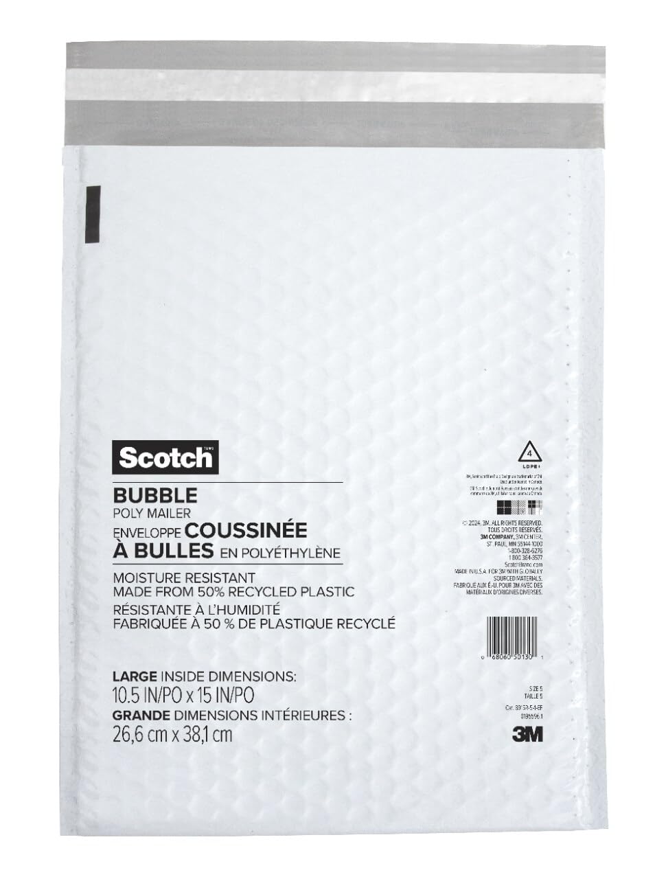 Scotch Poly Bubble Mailer, White, Large, Size 5, Inside Dimensions 10.5 IN x 15 IN, made with 50% recycled plastic