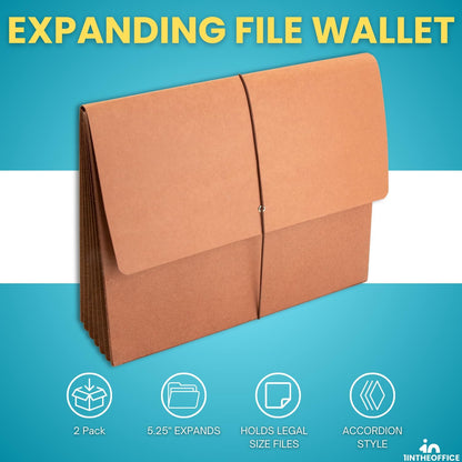 1InTheOffice Expanding File Wallet with Flap and Cord Closure, 5-1/4" Expansion, Letter Size, Redrope, 2 Pack