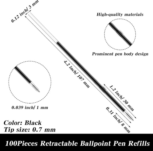 100 Pcs Ballpoint Refills Retractable Ballpoint Ink Pen Refills 1 mm Medium Point Tip 4.2 Inch Black Ink Refill Smooth Writing for Click Pens Journal Writing Office School Supplies