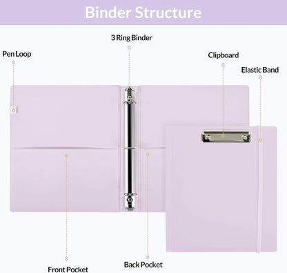 SKYDUE 3 Ring Binder with Clipboard,1 Inch Binder, 13.2" × 10.2" PU Clipboard Binder with Notepad & 5 Dividers with 5 Pockets, Labels, Clipboard Folder Great for School Office(Fit Letter Sized Paper)
