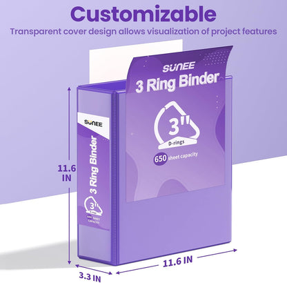 SUNEE 3 Ring Binder 2 Inch, Clear View Binder Three Ring PVC-Free (Fit 8.5x11 Inches) for School or Office Supplies, Light Purple, 1 Pack