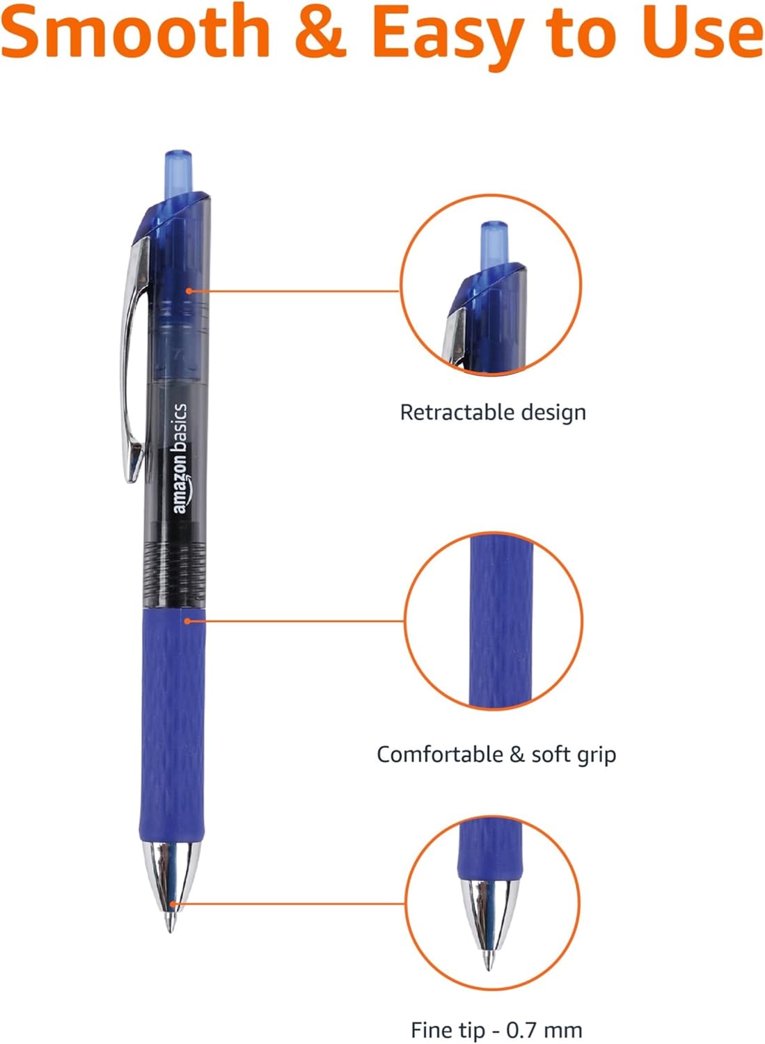 Amazon Basics Retractable Gel Pens, Fine Point 0.7mm, Smooth Writing, Assorted Colors, 12-Pack