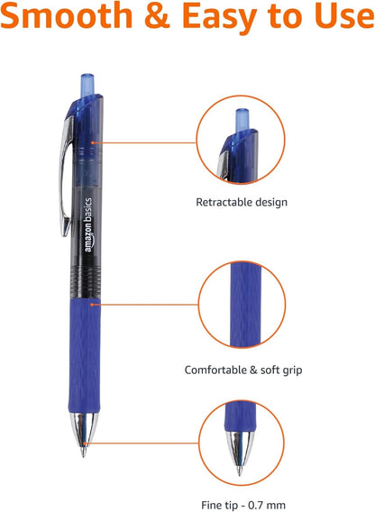 Amazon Basics Retractable Gel Pens, Fine Point 0.7mm, Smooth Writing, Assorted Colors, 12-Pack
