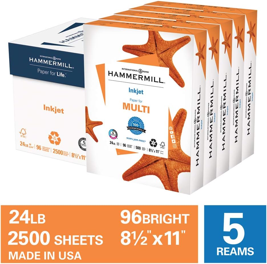 Hammermill Printer Paper, Premium Inkjet & Laser Paper 24 Lb, 8.5 x 11-5 Ream (2,500 Sheets) - 97 Bright, Made in the USA, 166140C