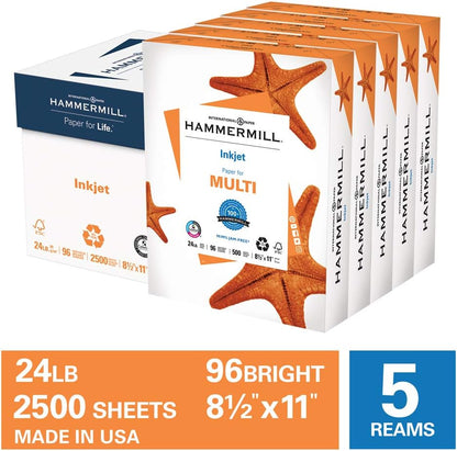 Hammermill Printer Paper, Premium Inkjet & Laser Paper 24 Lb, 8.5 x 11-5 Ream (2,500 Sheets) - 97 Bright, Made in the USA, 166140C