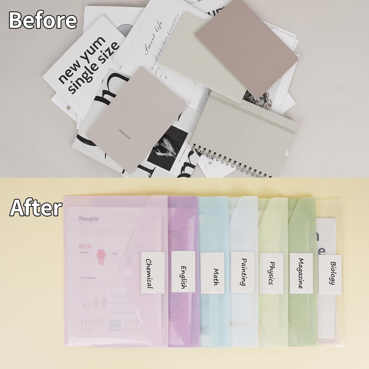 EOOUT 30 Pack 10 Color Plastic Envelopes Poly Envelopes, Hook & Loop Closure File Folders Clear Document Folders File Envelopes with Label Pocket A4 Size