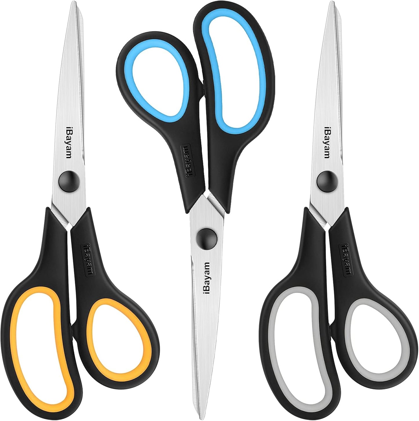 Scissors, iBayam 8" All Purpose Scissors Bulk 3-Pack, Ultra Sharp 2.5mm Thick Blade Shears Comfort-Grip for Aesthetic Fun Cute School Office Teacher Desk Crafts and Art Supplies Accessories Essential