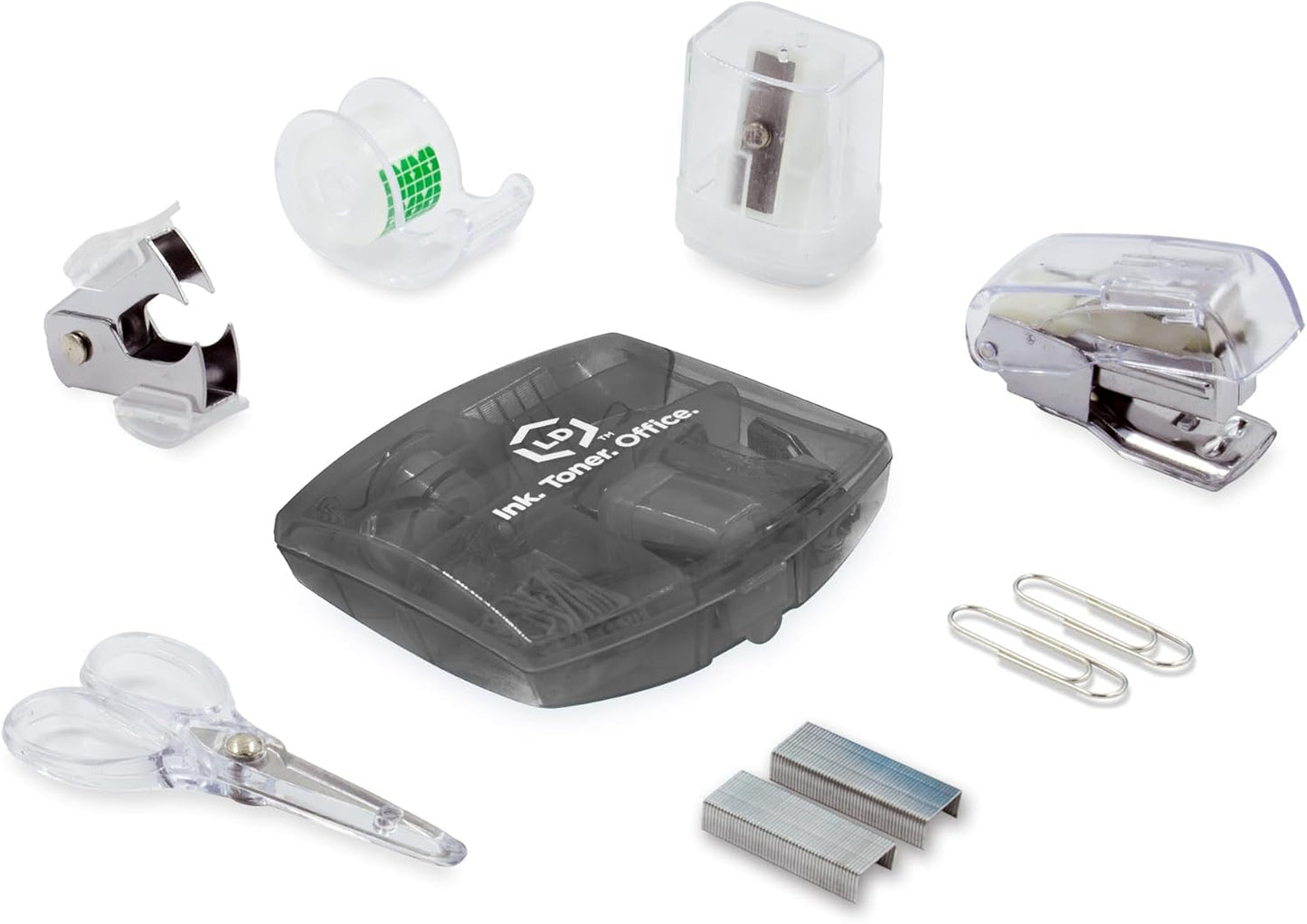 LD Products Blue Mini Office Supply Kit Portable Case with Scissors, Paper Clips, Tape Dispenser Set, Pencil Sharpener, Mini Stapler with Staples and Staple Remover