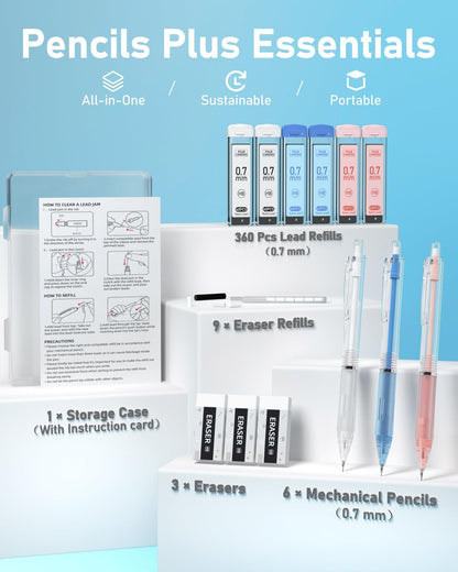 Four Candies Mechanical Pencil Set with Case, 6PCS Aesthetic Mechanical Pencils 0.5 & 0.7mm with 360PCS HB Lead Refills, 12PCS Erasers, Cute Mechanical Pencils for Writing, Drawing and Sketching