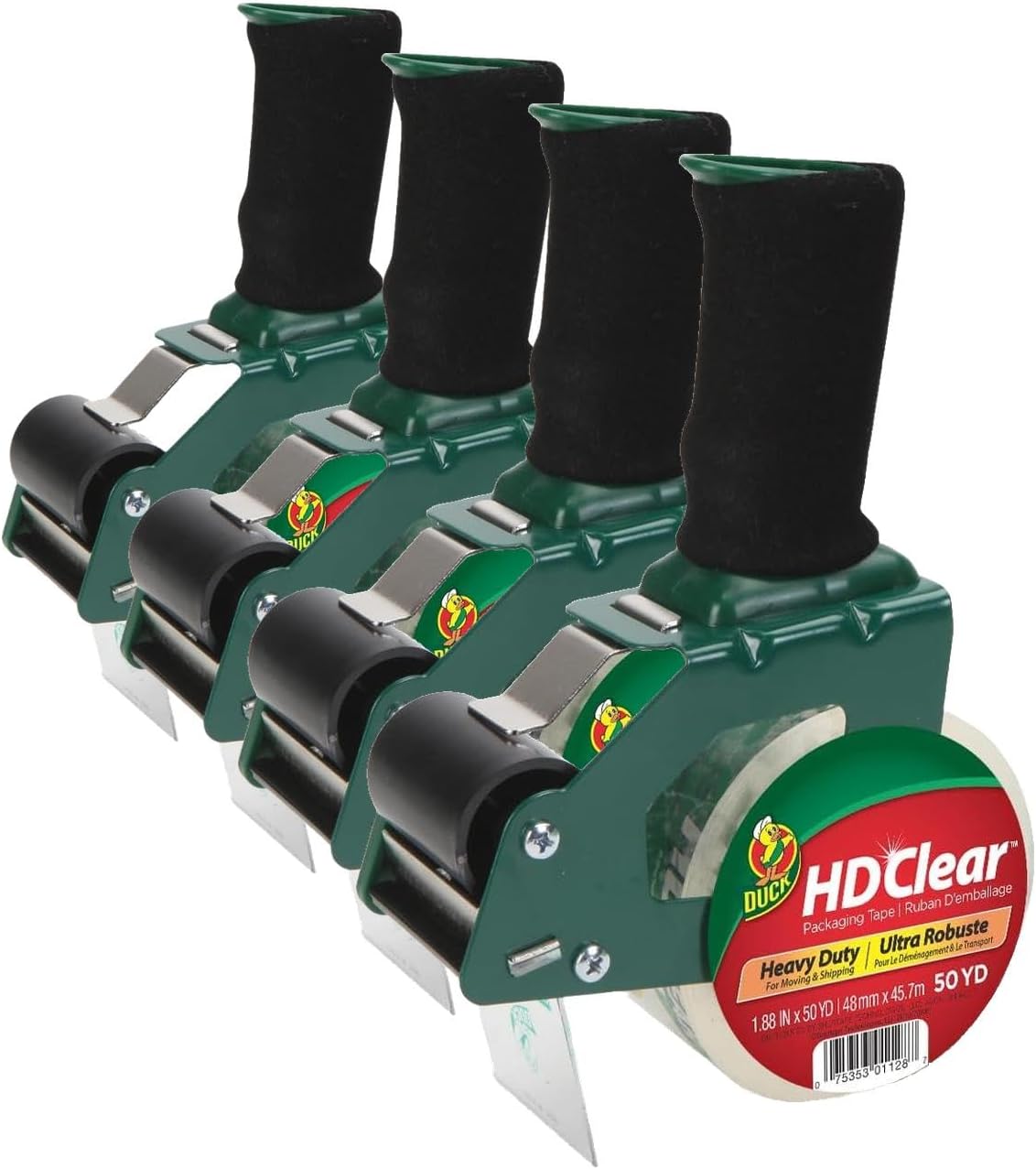Duck HD Clear Packing Tape Dispenser Heavy Duty Packaging Tape Gun for Packing Boxes, Shipping and Moving - Includes 1 Refill Roll of HD Clear 1.88 In. x 50 Yards - Foam Handle (287398)