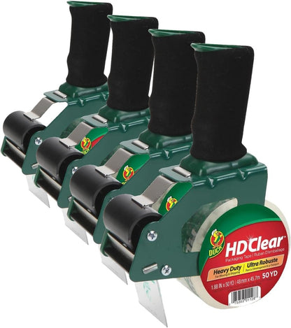 Duck HD Clear Packing Tape Dispenser Heavy Duty Packaging Tape Gun for Packing Boxes, Shipping and Moving - Includes 1 Refill Roll of HD Clear 1.88 In. x 50 Yards - Foam Handle (287398)