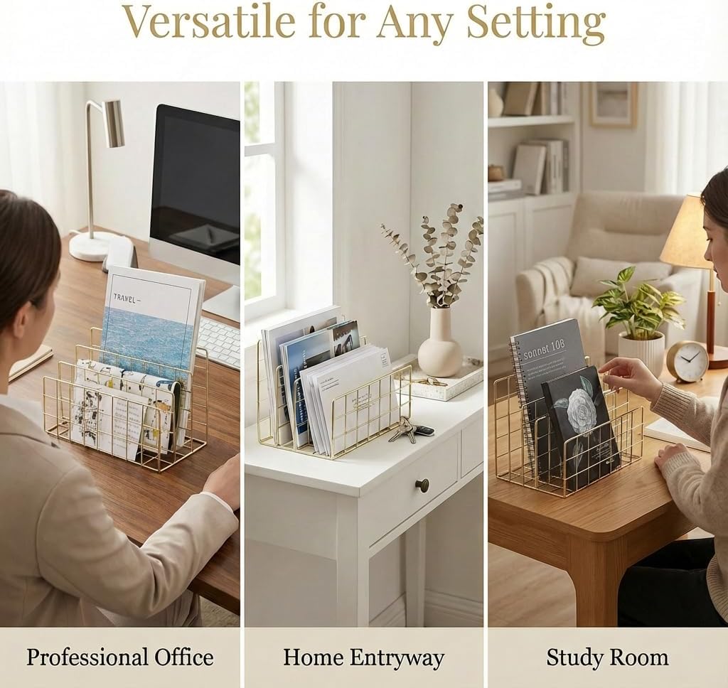 Simmer Stone Gold Letter Sorter Organizer for Desk, Premium Plated Metal Mail Holder with 3 Upright Slots, Ultra-Stable & Non-Wobbling Desktop Organizer for Envelopes, Documents, Palettes 9.5“ x 4.7 ”