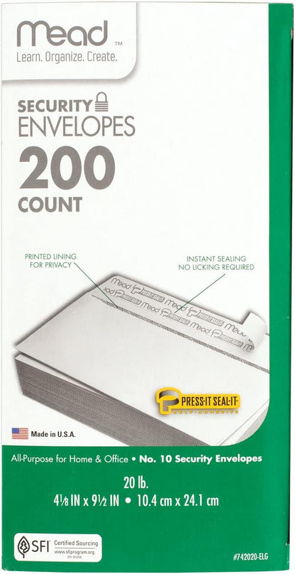 Mead #10 Security Business Envelopes Letter Size 4-1/8" x 9-1/2" – Peel and Seal, Privacy Lined, No-Window, Press-It Seal-It Self-Adhesive for Home & Office Mailing, 45 Count (75026)