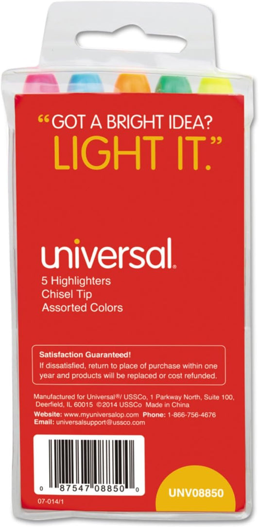 Universal Pocket Highlighters, Assorted Ink Colors, Chisel Tip, Assorted Barrel Colors, 5/set