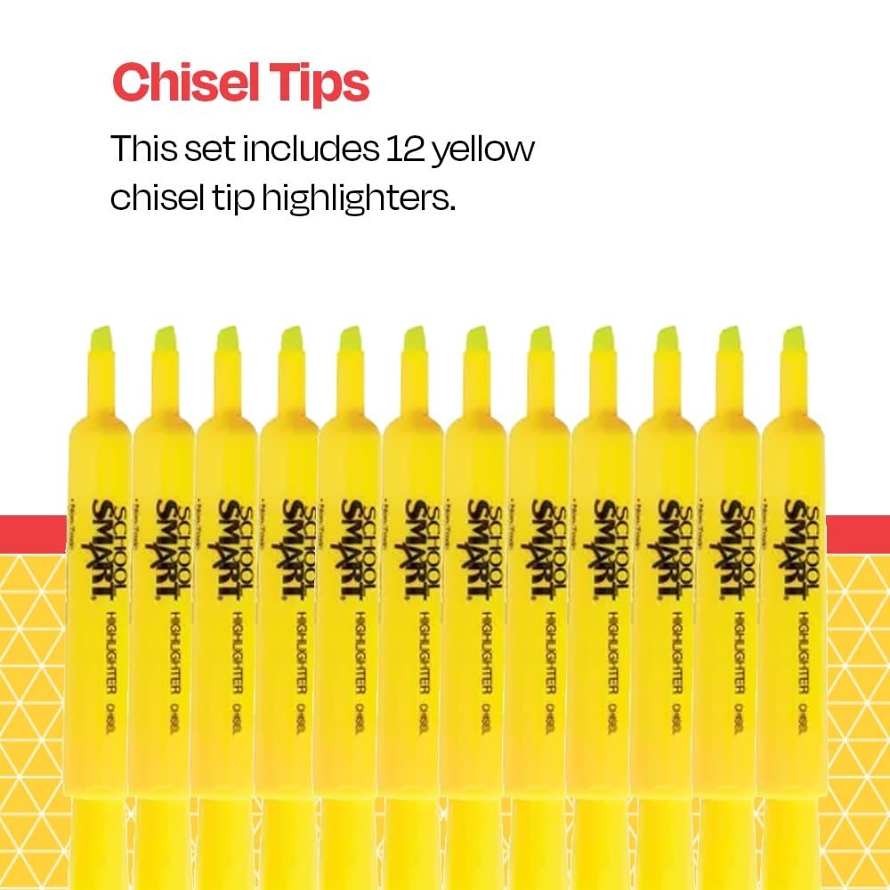School Smart Tank Style Highlighters, Chisel Tip, Yellow, Pack of 12