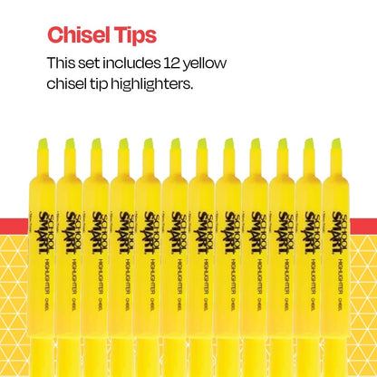 School Smart Tank Style Highlighters, Chisel Tip, Yellow, Pack of 12