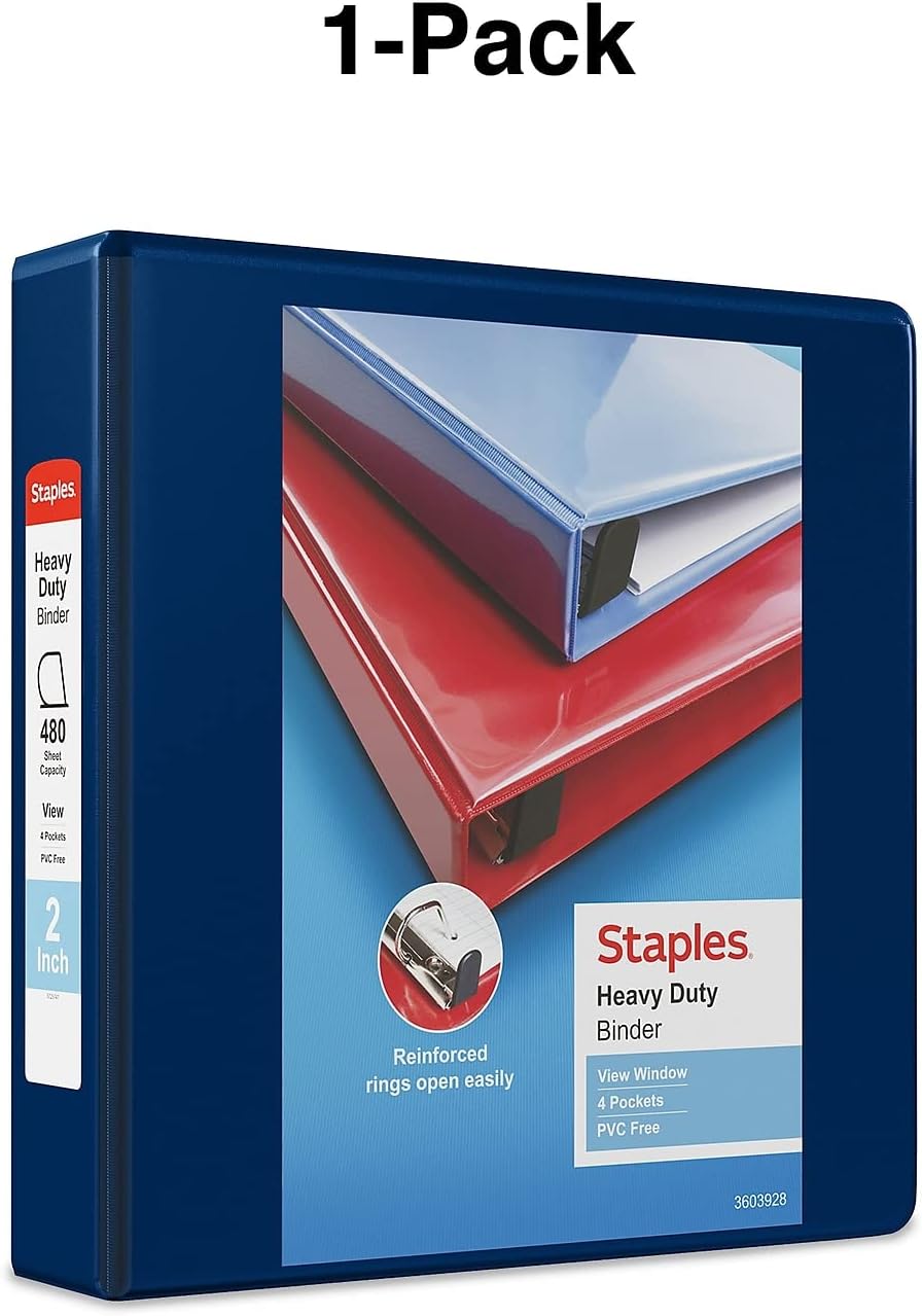 Staples Heavy-Duty 2-Inch D-Ring View Binder, Reinforced Spine, Holds Up to 450 Sheets, Gray, for Office & School