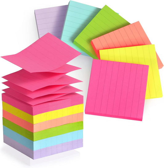 ZYTIN Pop Up Sticky Notes Lined 3x3 inch, Easy to Post Sticky Notes with Lines, 600 Sheet, Pink Purple Blue Yellow Green Orange Color, Office Accessories