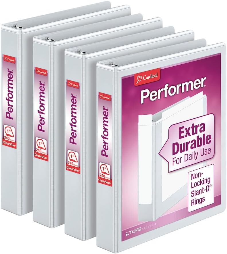 Cardinal Performer 3-Ring Binders, 3", Non-Locking Slant-D Rings, 725-Sheet Capacity, ClearVue Presentation, Non-Stick, PVC-Free, White, 4-Pack (27600)