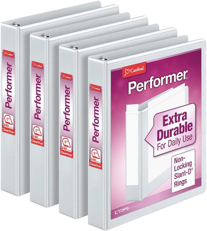 Cardinal Performer 3-Ring Binders, 3", Non-Locking Slant-D Rings, 725-Sheet Capacity, ClearVue Presentation, Non-Stick, PVC-Free, White, 4-Pack (27600)