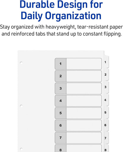 Avery Dividers for 3 Ring Binders, 8 Tabs per Set, Customizable Table of Contents, Classic White Tabs, Great for Organizing Reports, Projects, and More (11132)