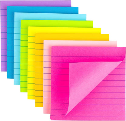 (8 Pack) Lined Sticky Notes 4x4 Bright Stickies Colorful Super Sticking Power Memo Pads, 8 Colors, Strong Adhesive