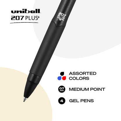 uniball 207 Plus+ Retractable Gel Pens, Medium Point (0.7mm), Black, 4 Pack