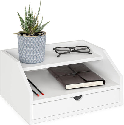 Ballucci Desk Organizer with Drawer, 2 Tier Paper Office Supplies Desk Organizer, 13 2/5" x 9 3/5" x 6", Black