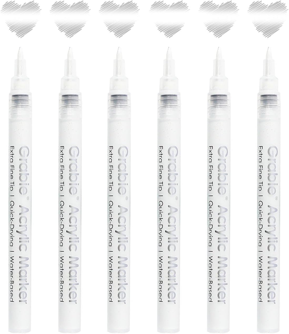Grabie Black & White Extra Fine Tip Acrylic Paint Marker Set, 6 Pack, 0.7mm Acrylic Paint Pens for Highlights and Fine Details on Drawings, Rock Painting Glass Canvas Wood, White Highlight Markers