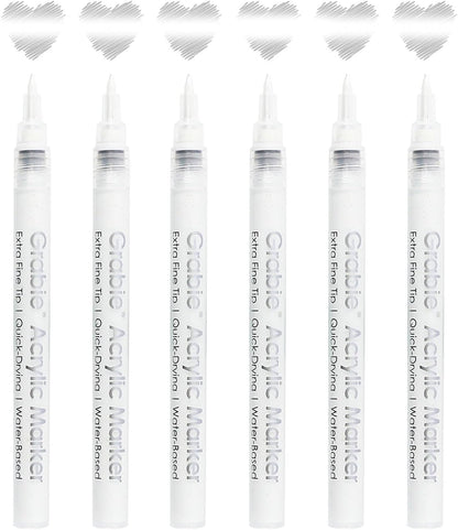 Grabie Black & White Extra Fine Tip Acrylic Paint Marker Set, 6 Pack, 0.7mm Acrylic Paint Pens for Highlights and Fine Details on Drawings, Rock Painting Glass Canvas Wood, White Highlight Markers